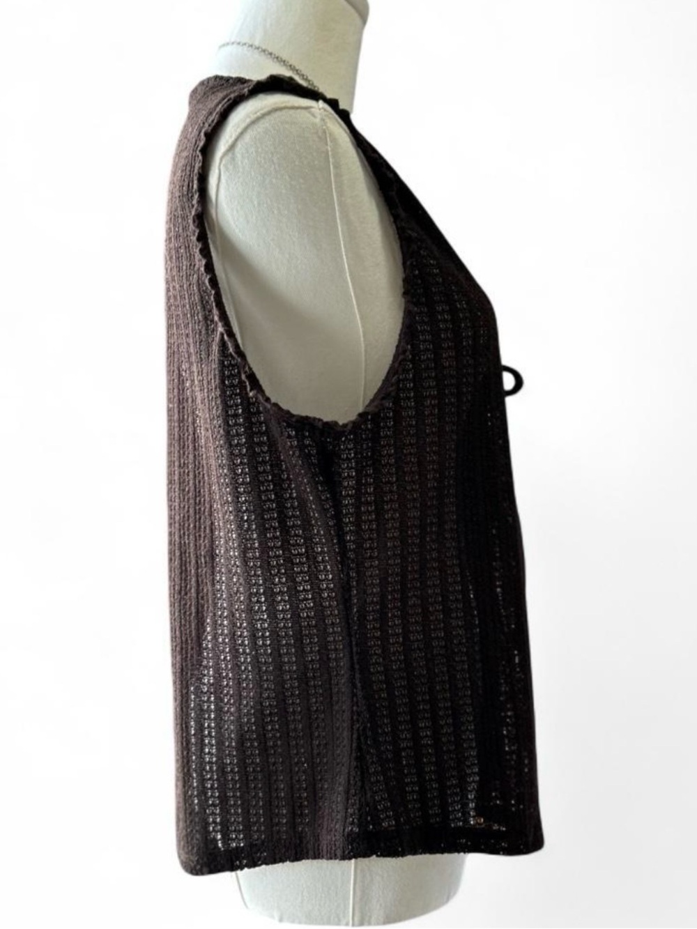 y2k Knit Boho Tie Front V-neck Sleeveless Mesh Dark Brown Woman's Size XL - Picture 3 of 8